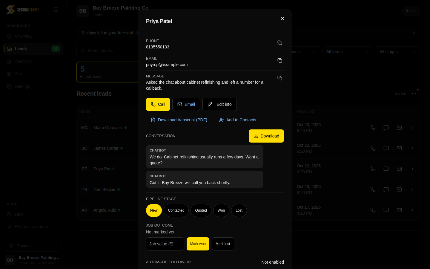 A chat submission opened up: contact card with call and email actions, the chat conversation, transcript download, and the pipeline stage picker
