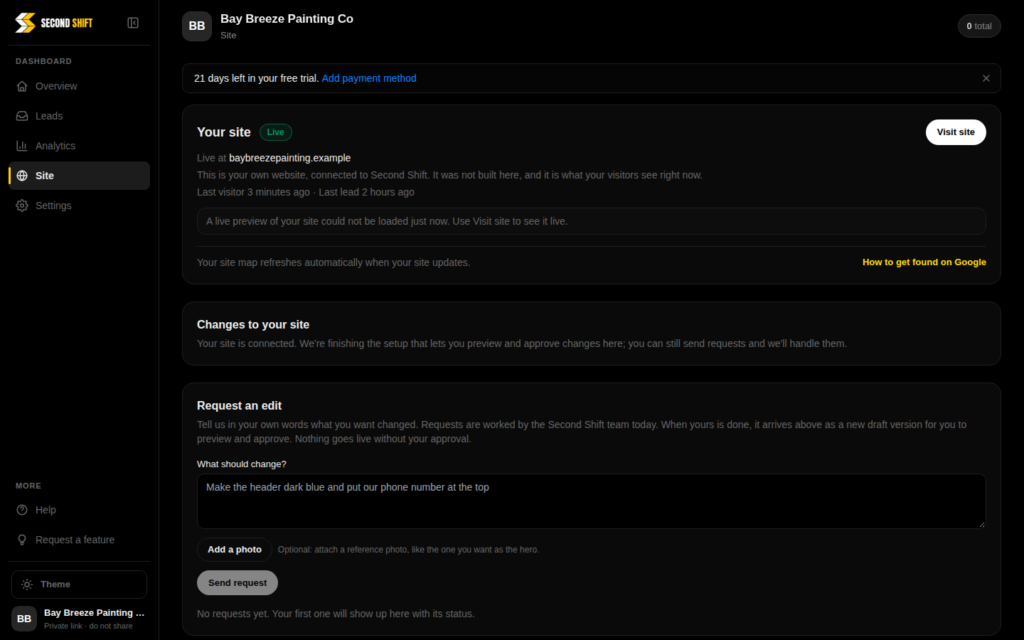 The Site view: the connected website marked live, and the request-an-edit box where the owner describes a change in their own words